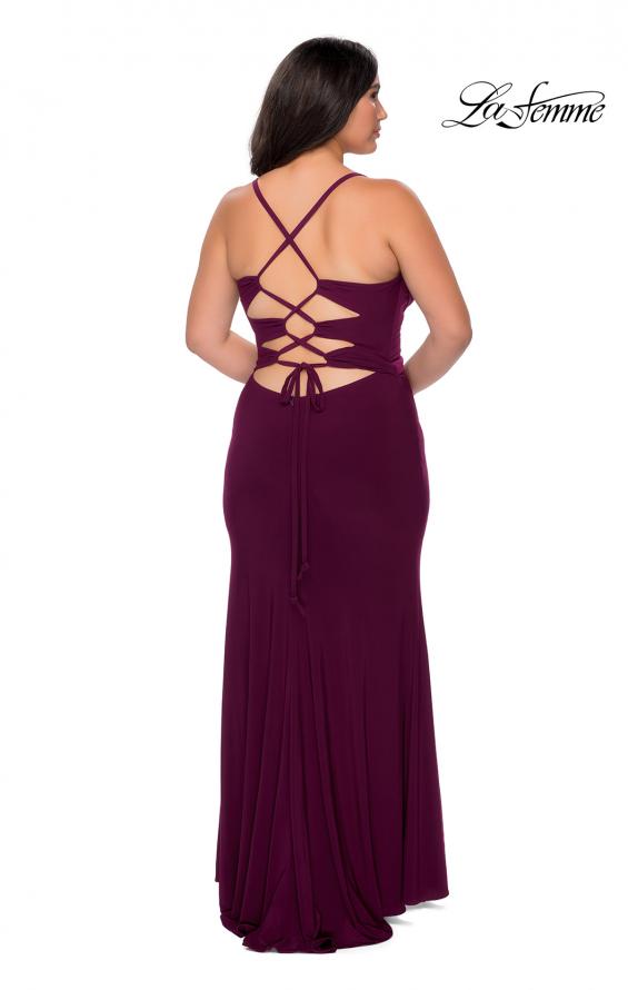 Picture of: Jersey Plus Size Dress with Slit and Lace Up Back in Burgundy, Style: 29055, Detail Picture 7