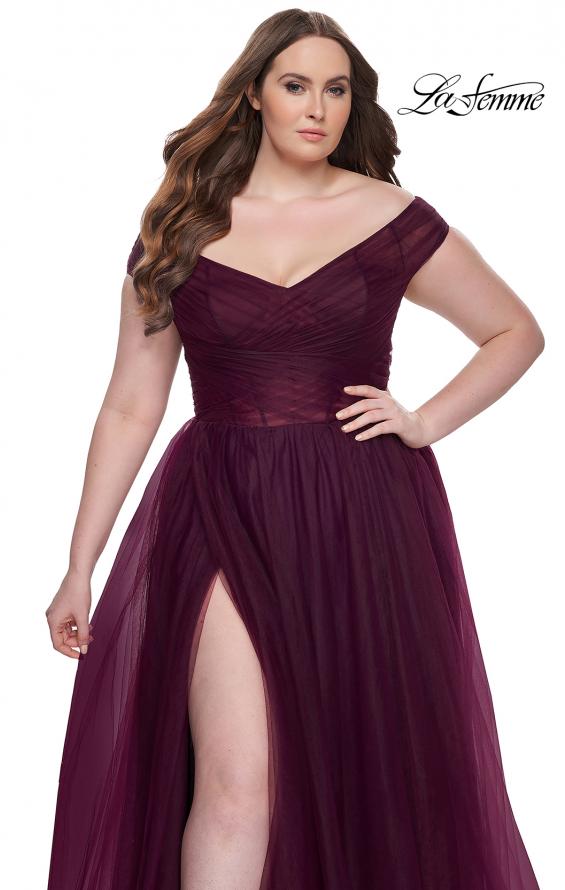 Picture of: A-Line Tulle Off the Shoulder Plus Size Dress with Slit in Dark Berry, Style: 32204, Detail Picture 7