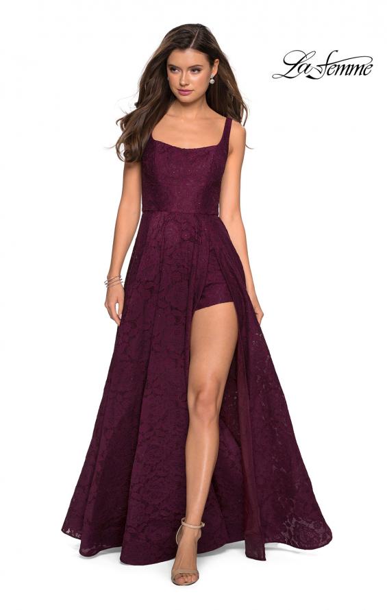 Picture of: Long Lace Prom Dress with Attached Shorts in Burgundy, Style: 27476, Main Picture