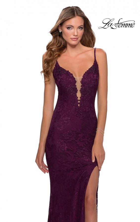 Picture of: Lace Prom Dress with Deep V-Neck and Rhinestones in Burgundy, Style: 28556, Main Picture