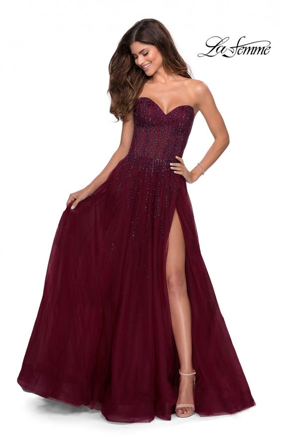 Picture of: Strapless Beaded Prom Gown with Slit and Pockets in Burgundy, Style 28603, Main Picture