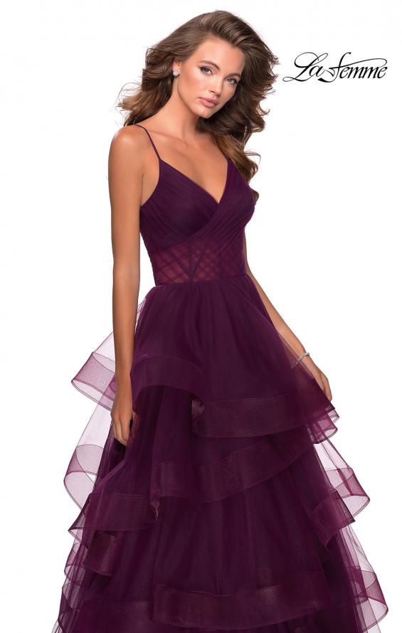 Picture of: Tiered Tulle Ball Gown with Sheer Bodice in Burgundy, Style: 28641, Main Picture
