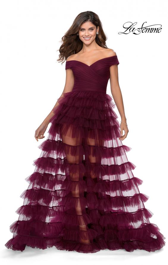 Picture of: Sheer Layered Tulle Off the Shoulder Prom Gown in Burgundy, Style: 28804, Main Picture