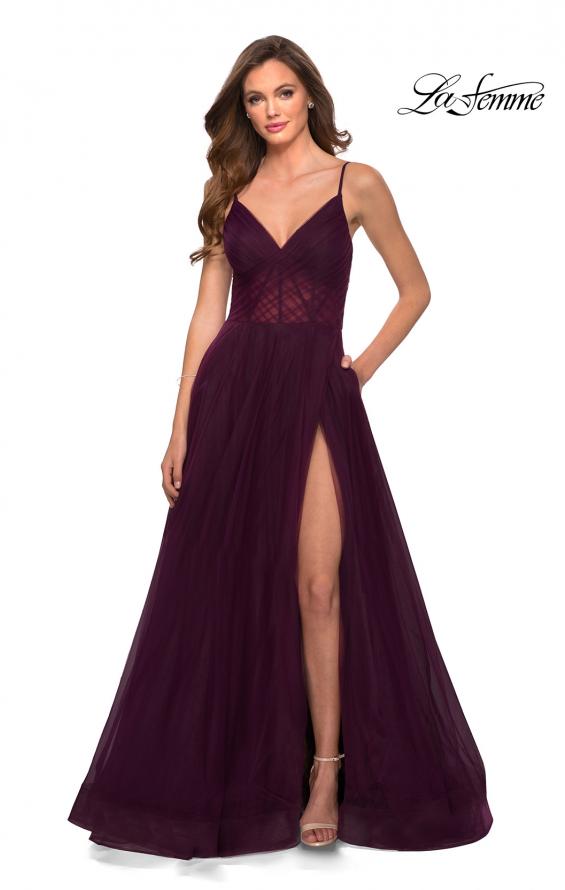 Picture of: A Line Tulle Prom Dress with Sheer Bodice in Dark Berry, Style 29076, Main Picture