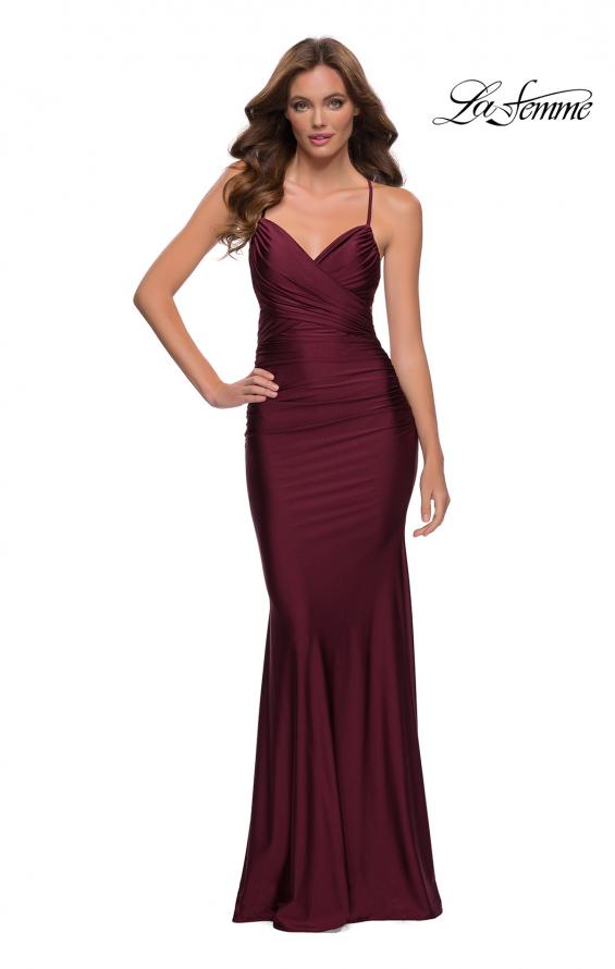 Picture of: Criss Cross Ruched Bodice Jersey Long Dress in Dark Berry, Style 29606, Main Picture