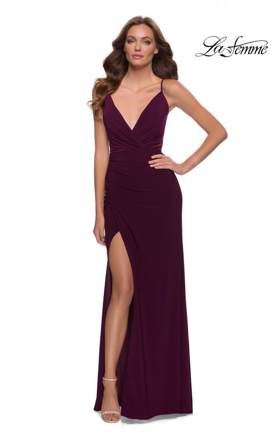 Picture of: V Neck Simple Jersey Dress with Lace Up Back in Dark Berry, Style 29697, Main Picture
