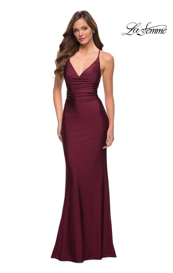 Picture of: Long Jersey Gown with Rhinestones Throughout in Dark Berry, Style 29935, Main Picture