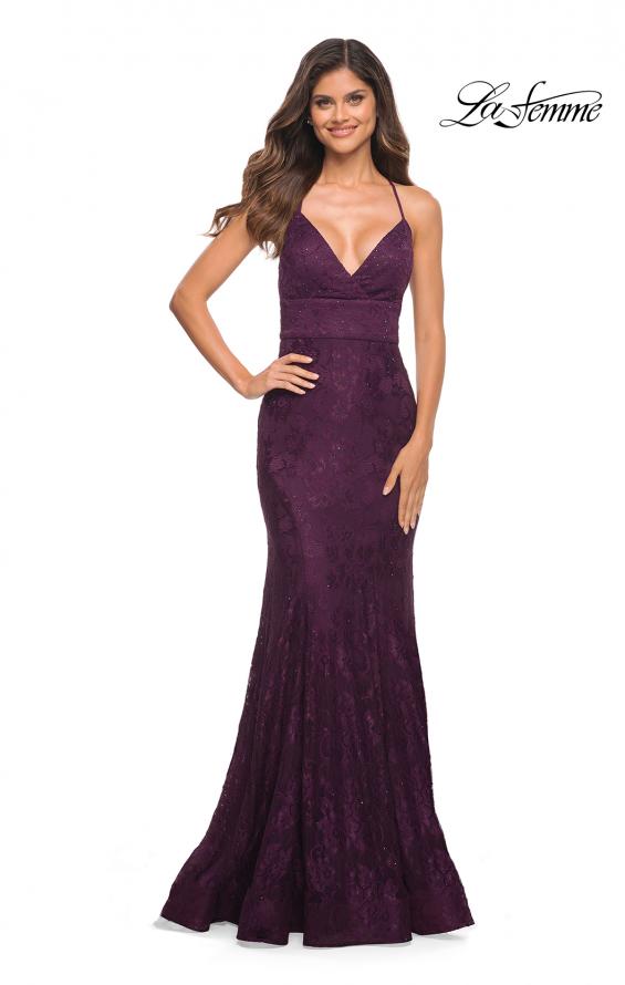 Picture of: Stretch Lace Gown with Flattering Seams at Waist in Dark Berry, Main Picture