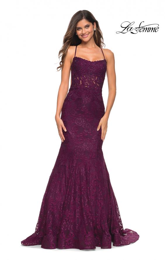 Picture of: Mermaid Lace Gown with Sheer Bodice and Open Back in Dark Berry, Main Picture