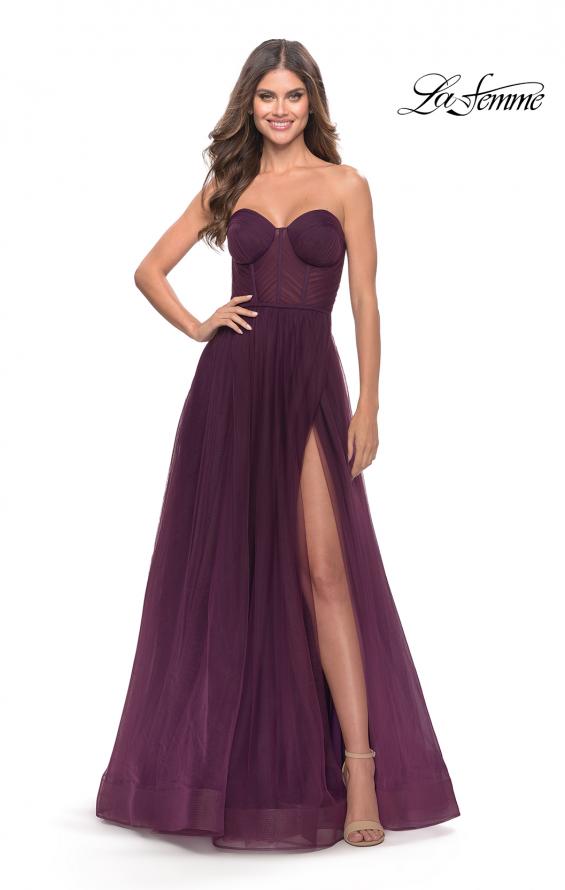 Picture of: Illusion Bodice A-line Gown with Boning and Defined Cups in Dark Berry, Style: 31205, Main Picture