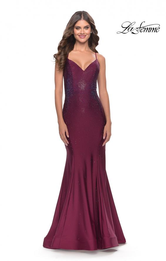 Picture of: Rhinestone Jersey Mermaid Gown with Open Back in Dark Berry, Style: 31220, Main Picture