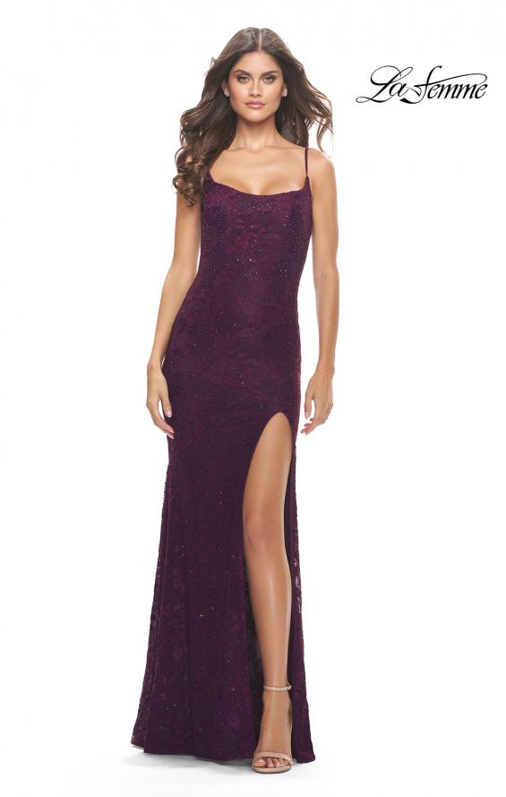 Picture of: Simple Stretch Lace Dress with Slit in Dark Berry, Style: 31259, Main Picture