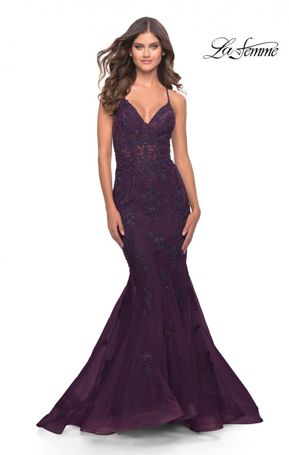 Picture of: Beautiful Mermaid Lace Applique Gown with Open Back in Dark Berry, Style: 31316, Main Picture