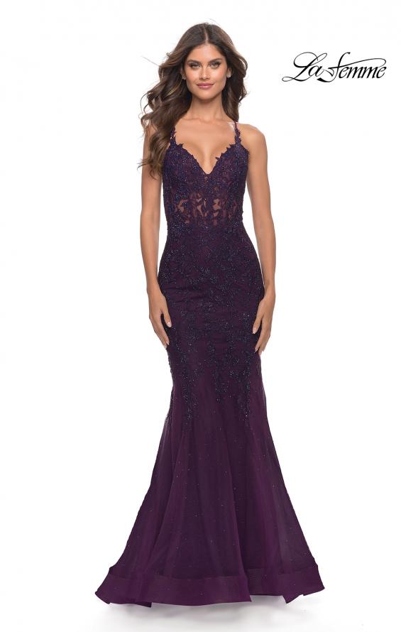 Picture of: Mermaid Tulle and Lace Gown with Open Tie Back in Dark Berry, Style: 31344, Main Picture