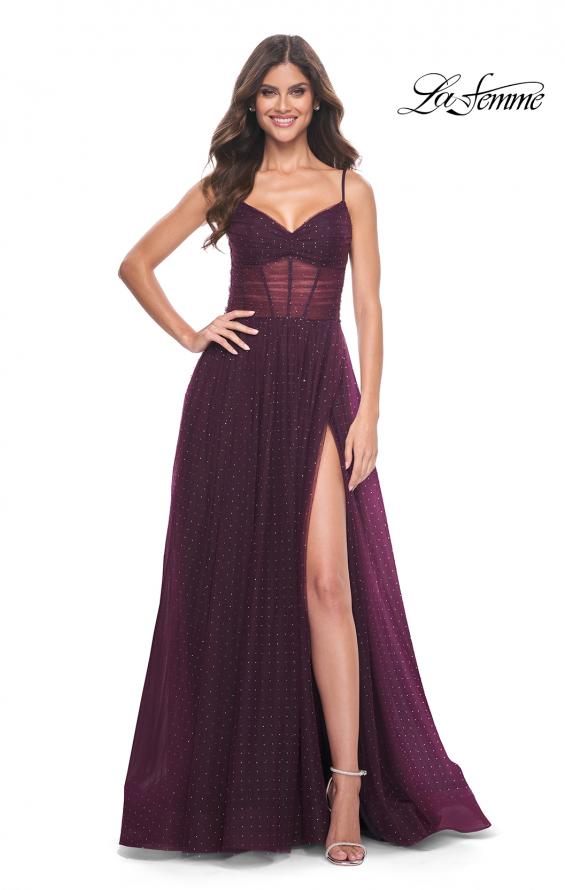 Picture of: A-Line Rhinestone Tulle Embellished Gown with Illusion Top in Dark Berry, Style: 31970, Main Picture