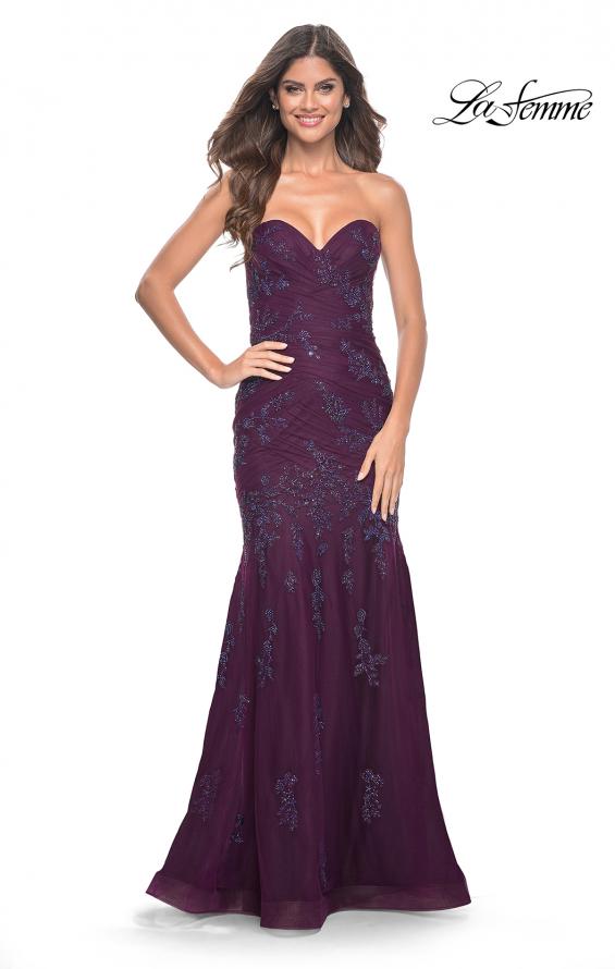 Picture of: Strapless Mermaid Ruched Gown with Rhinestone Lace Applique in Dark Berry, Style: 32121, Main Picture