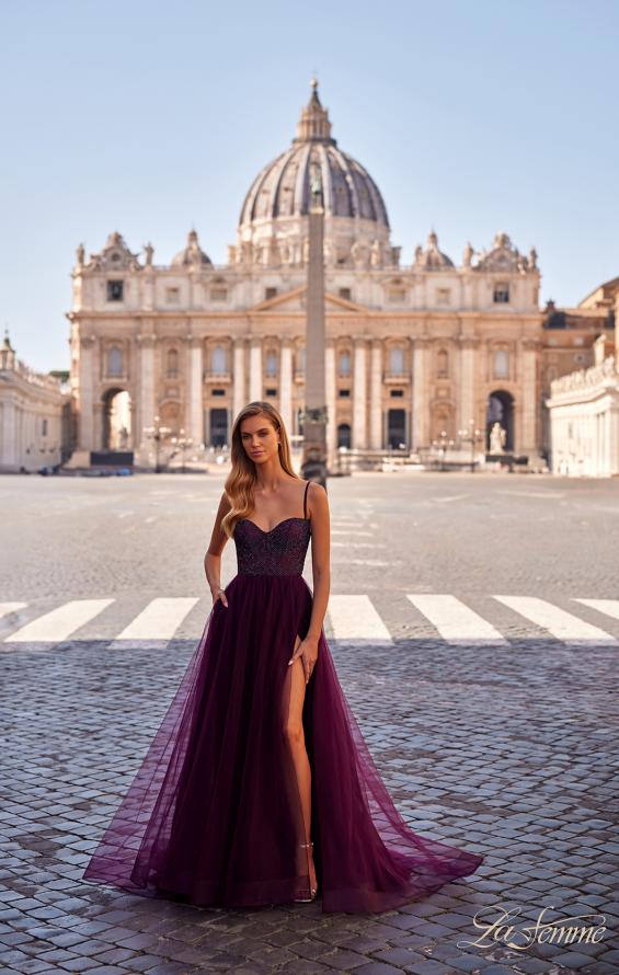 Picture of: A-Line Tulle Gown with High Slit and Illusion Rhinestone Fishnet Bodice in Dark Berry, Style: 32135, Main Picture