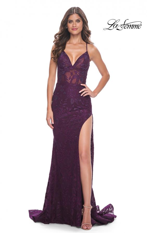 Picture of: Rhinestone Lace Embellished Prom Dress with High Side Slit in Bright Colors in Dark Berry, Style: 32308, Main Picture
