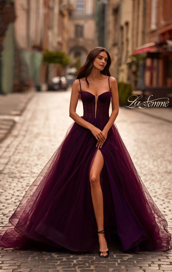 Picture of: Tulle Prom Dress with A-Line Skirt and Ruched Corset Top in Dark Berry, Style 32700, Main Picture