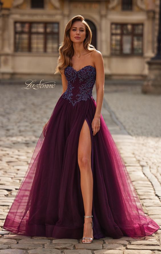 Picture of: Tulle Ball Gown with Beaded Corset Bodice and High Slit in Dark Berry, Style: 33410, Main Picture