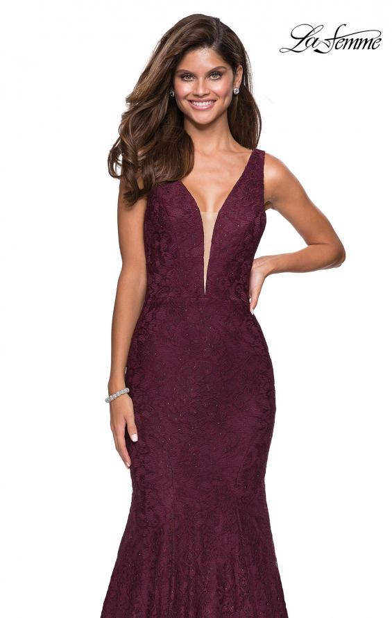 Picture of: Stretch Lace Prom Dress with Plunging Neckline in Burgundy, Style: 27464, Detail Picture 8