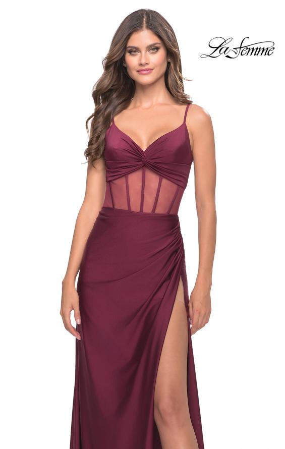 Picture of: Illusion Bodice Dress with Boning and Twist Detail in Dark Berry, Style: 31229, Detail Picture 8
