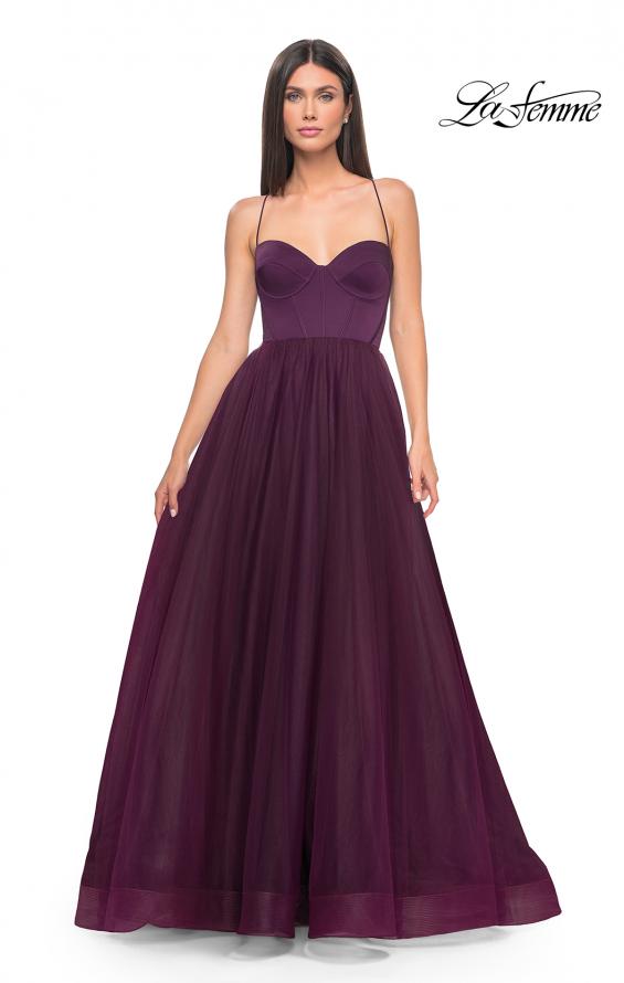 Picture of: Tulle A-Line Gown with Satin Bustier Top in Dark Berry, Style: 32065, Detail Picture 8