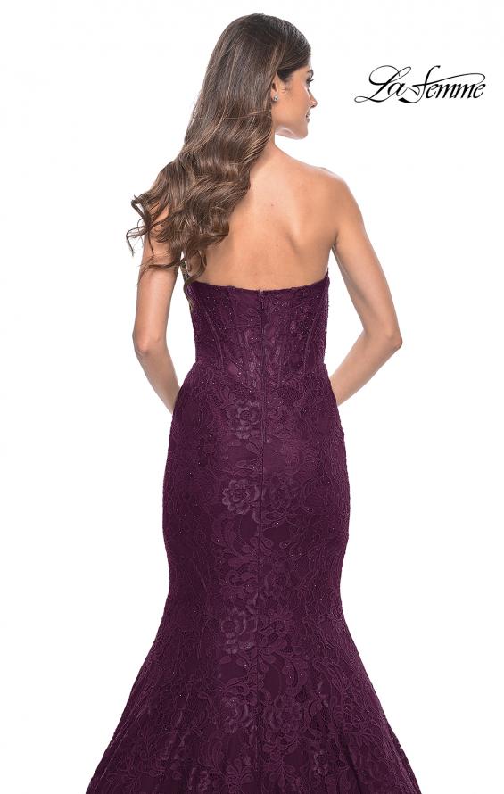 Picture of: Mermaid Stretch Lace Dress with Bustier Top and Sheer Back in Dark Berry, Style: 32249, Detail Picture 8