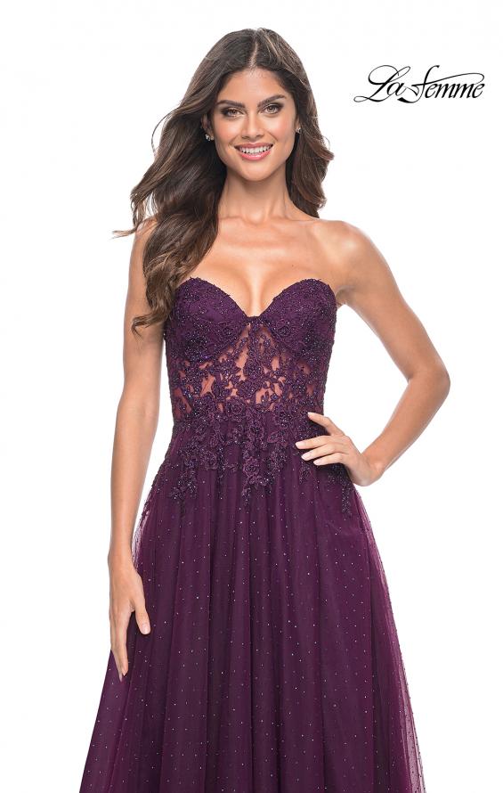 Picture of: Rhinestone Tulle A-Line Gown with Lace Bodice in Jewel Tones in Dark Berry, Style: 32253, Detail Picture 8