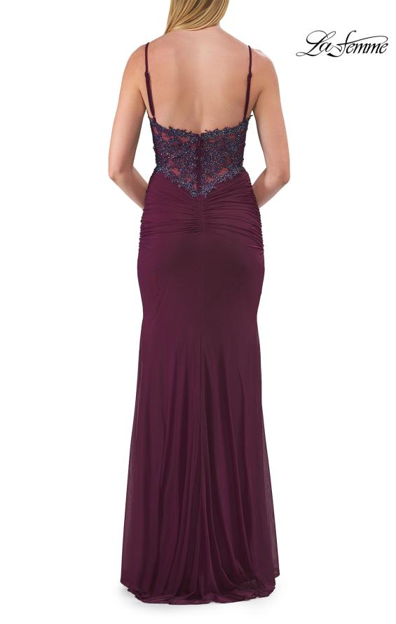 Picture of: Ruched Jersey Gown with Beaded Bodice and High Slit in Dark Berry, Style: 33665, Detail Picture 8