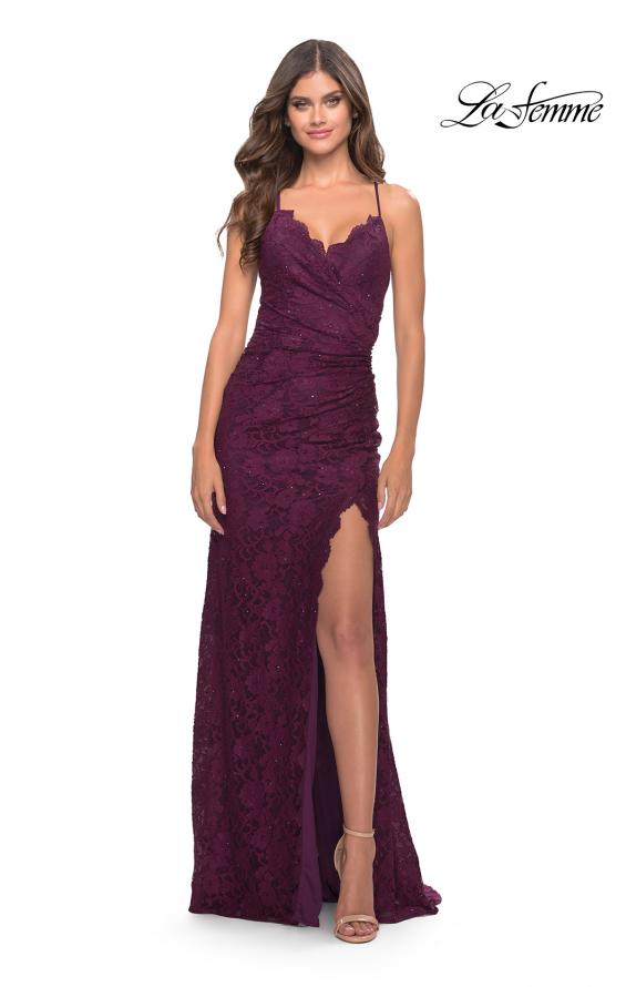 Picture of: Lace Long Dress with Scallop Detail on Skirt Slit in Dark Berry, Style: 29939, Detail Picture 9