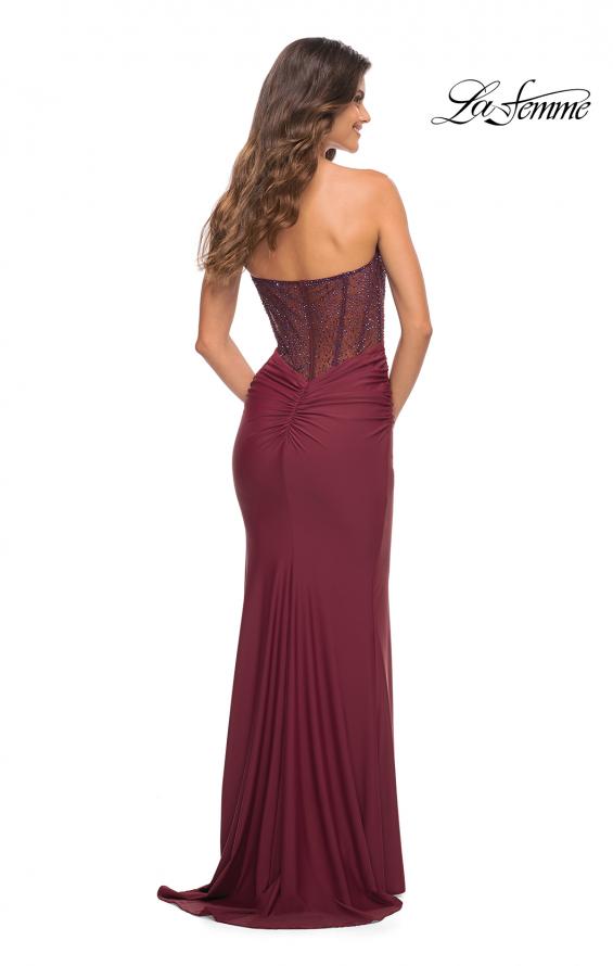 Picture of: Sweetheart Strapless Rhinestone Encrusted Gown in Dark Berry, Detail Picture 9