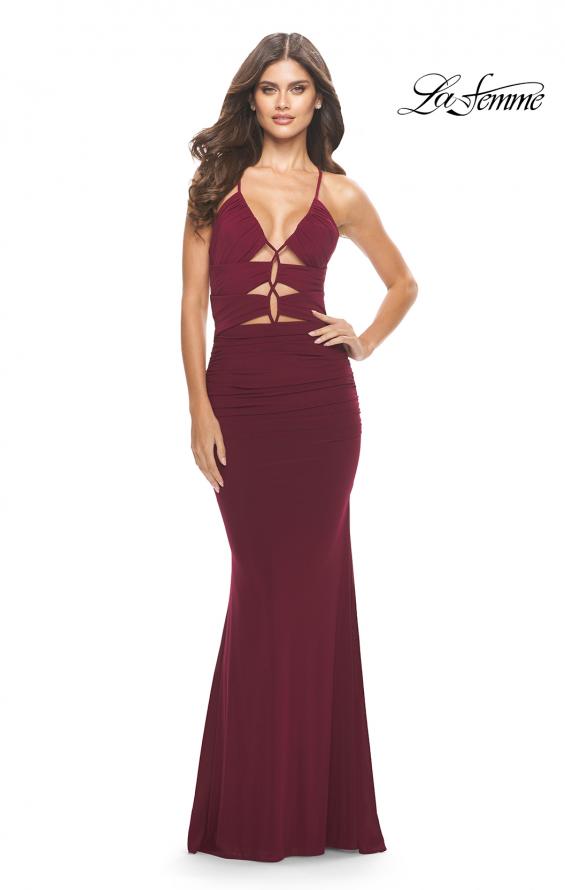 Picture of: Unique Cut Out Net Jersey Prom Dress in Dark Berry, Style: 31334, Detail Picture 9