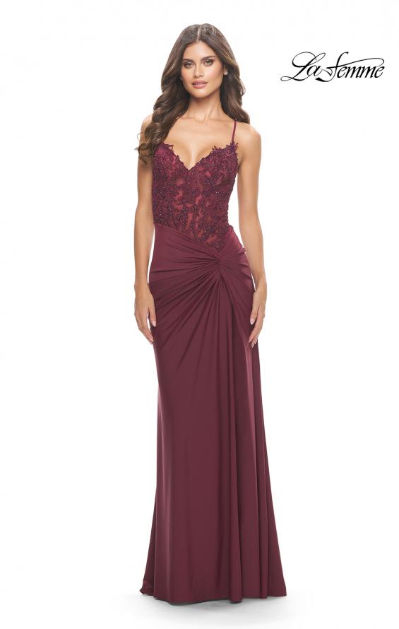 Picture of: Lace Asymmetrical Gown with Jersey Skirt and Twist Knot Detail in Dark Berry, Style: 31520, Detail Picture 9