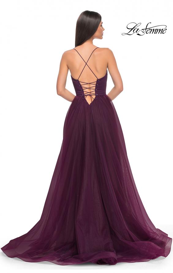 Picture of: Tulle A-Line Gown with Satin Bustier Top in Dark Berry, Style: 32065, Detail Picture 9