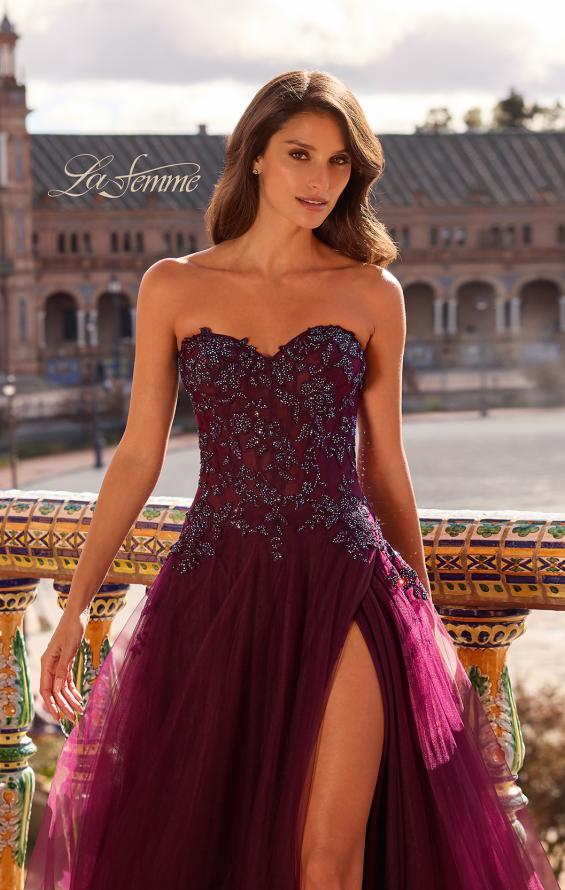 Picture of: Illusion Embroidered Lace Tulle Gown with Slit in Dark Berry, Style: 33551, Detail Picture 9