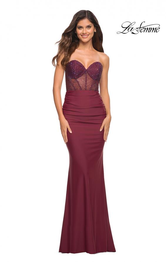Picture of: Sweetheart Strapless Rhinestone Encrusted Gown in Dark Berry, Detail Picture 10