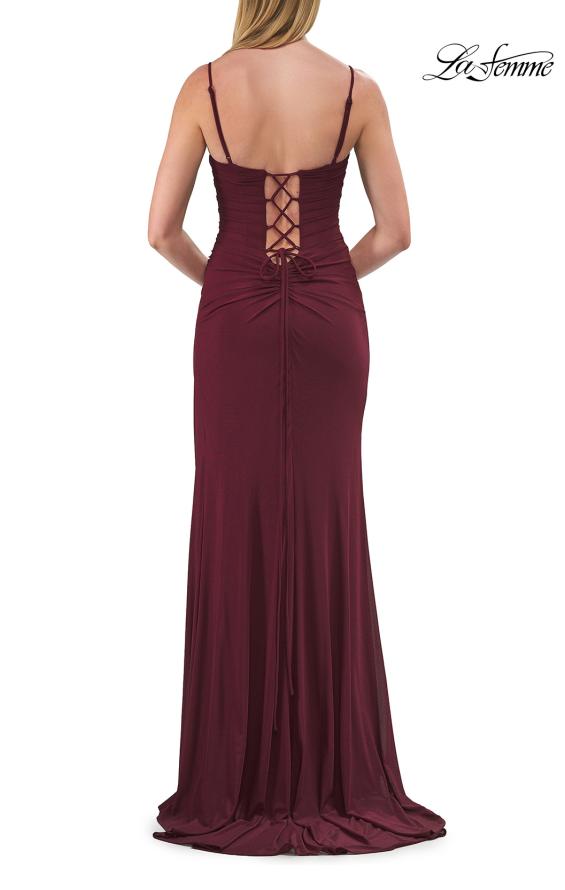 Picture of: Ruched Jersey Gown with Lace-Up Back and High Slit in Dark Berry, Style: 33298, Detail Picture 10