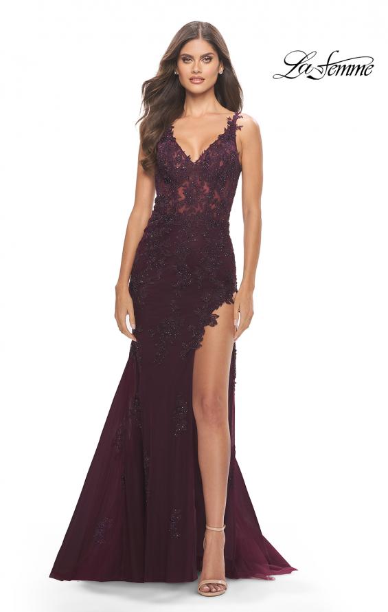 Picture of: Lace Dress with High Side Slit and V Neckline in Dark Berry, Style: 30767, Detail Picture 11