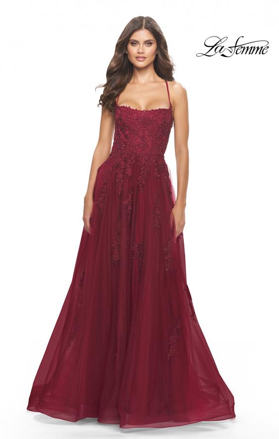 Picture of: A-line Tulle Gown with Floral Embroidery and Pockets in Dark Berry, Style: 31135, Detail Picture 11