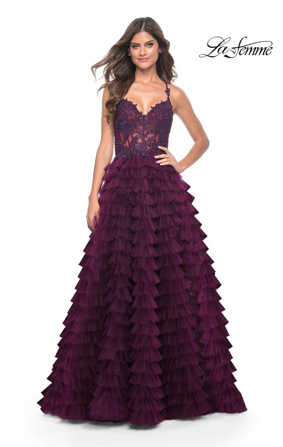 Picture of: Ruffle Tulle Prom Gown with Illusion Lace Bodice and High Slit in Dark Berry, Style: 32128, Detail Picture 11