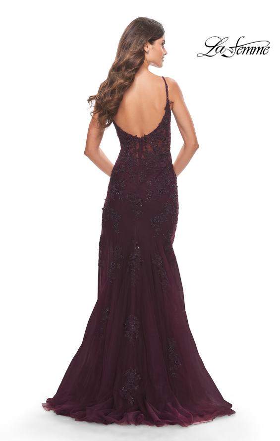 Picture of: Lace Dress with High Side Slit and V Neckline in Dark Berry, Style: 30767, Detail Picture 12