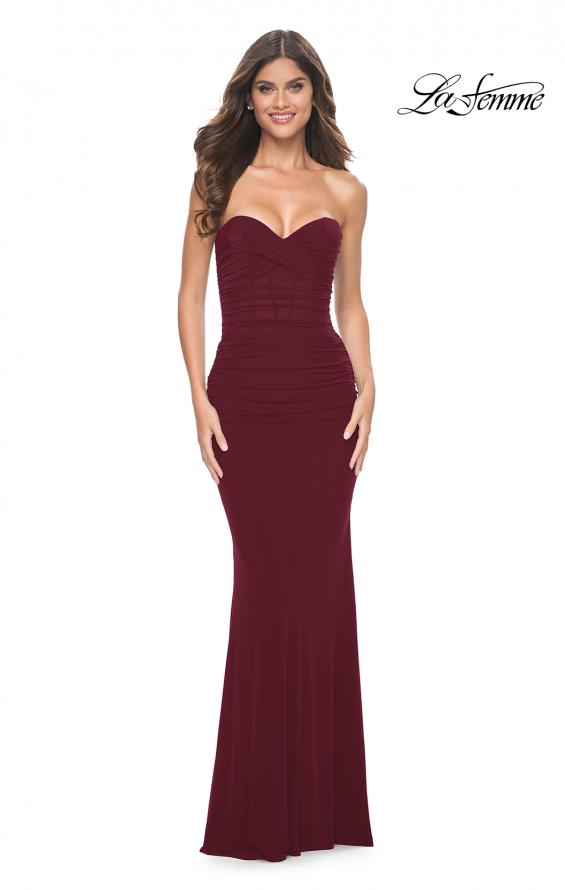 Picture of: Strapless Ruched Net Jersey Gown with Sweetheart Top in Dark Berry, Style: 31899, Detail Picture 12