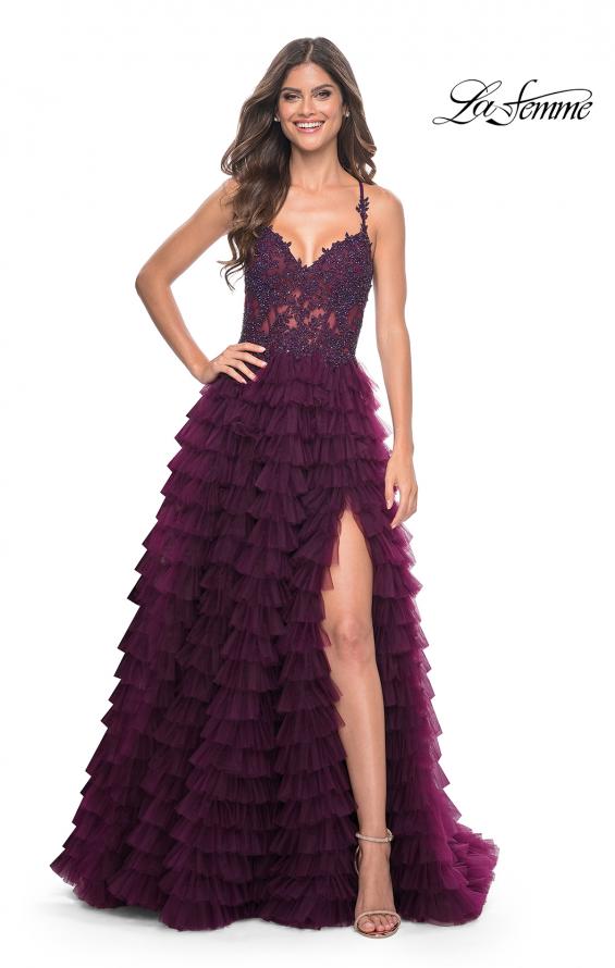 Picture of: Ruffle Tulle Prom Gown with Illusion Lace Bodice and High Slit in Dark Berry, Style: 32128, Detail Picture 12
