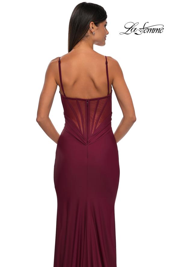 Picture of: Stretch Jersey Prom Dress with Ruched Waist and V Neckline in Dark Berry, Style: 32938, Detail Picture 12