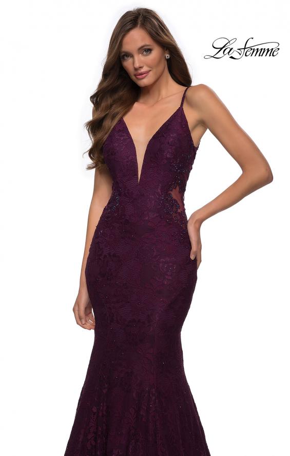 Picture of: Long Mermaid Lace Dress with Back Rhinestone Detail in Dark Berry, Style: 28355, Detail Picture 13