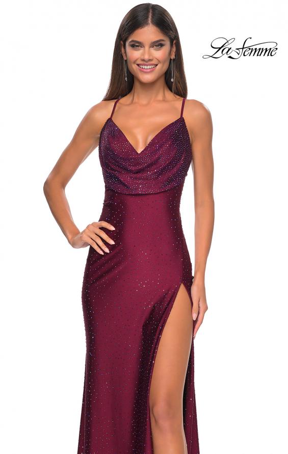 Picture of: Drape Neckline Jeweled Jersey Prom Dress with High Slit in Dark Berry, Style: 31221, Detail Picture 13