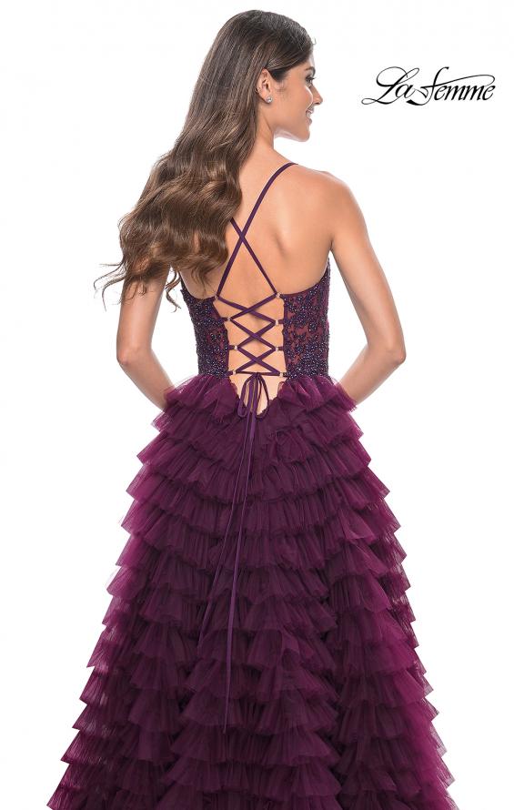 Picture of: Ruffle Tulle Prom Gown with Illusion Lace Bodice and High Slit in Dark Berry, Style: 32128, Detail Picture 13