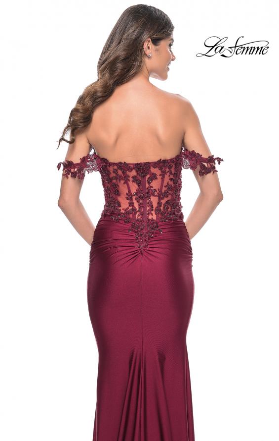 Picture of: Sheer Lace Bodice with Off the Shoulder Straps and Jersey Skirt Gown in Dark Berry, Style: 32302, Detail Picture 14