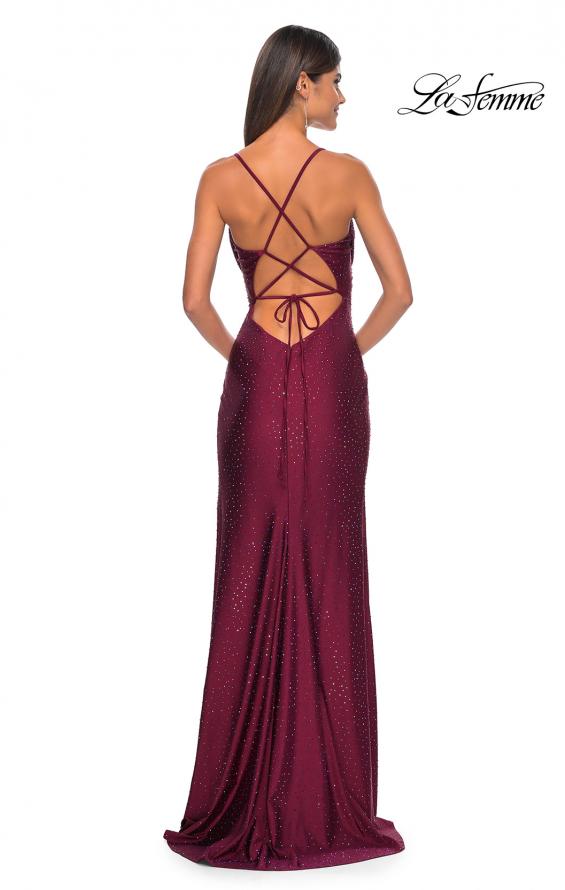 Picture of: Drape Neckline Jeweled Jersey Prom Dress with High Slit in Dark Berry, Style: 31221, Detail Picture 15